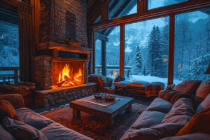 "Une maison chaleureuse éclairée par des lumières douces avec de la neige fraîche sur le toit et le jardin, illustrant une mise en scène accueillante pour la vente hivernale."