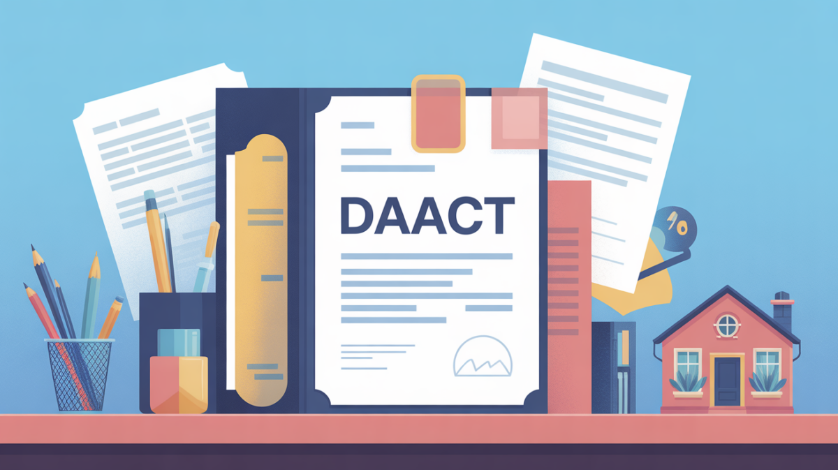 Dossier administratif DAACT sur table, documents, maison, cachet officiel