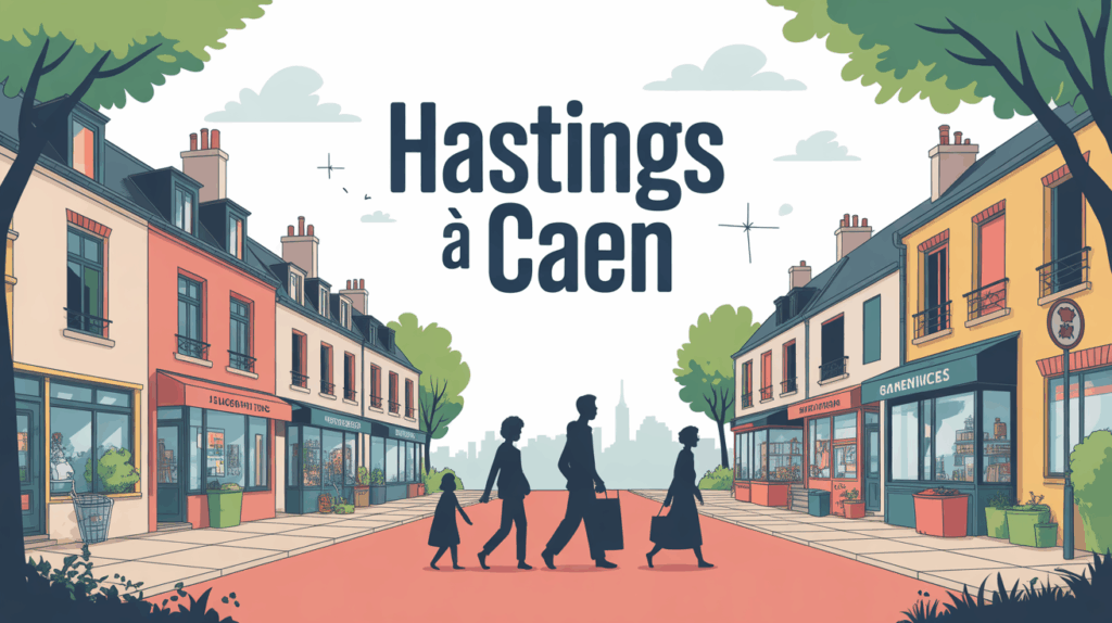 Quartier Hastings à Caen vue animée familles commerces transports