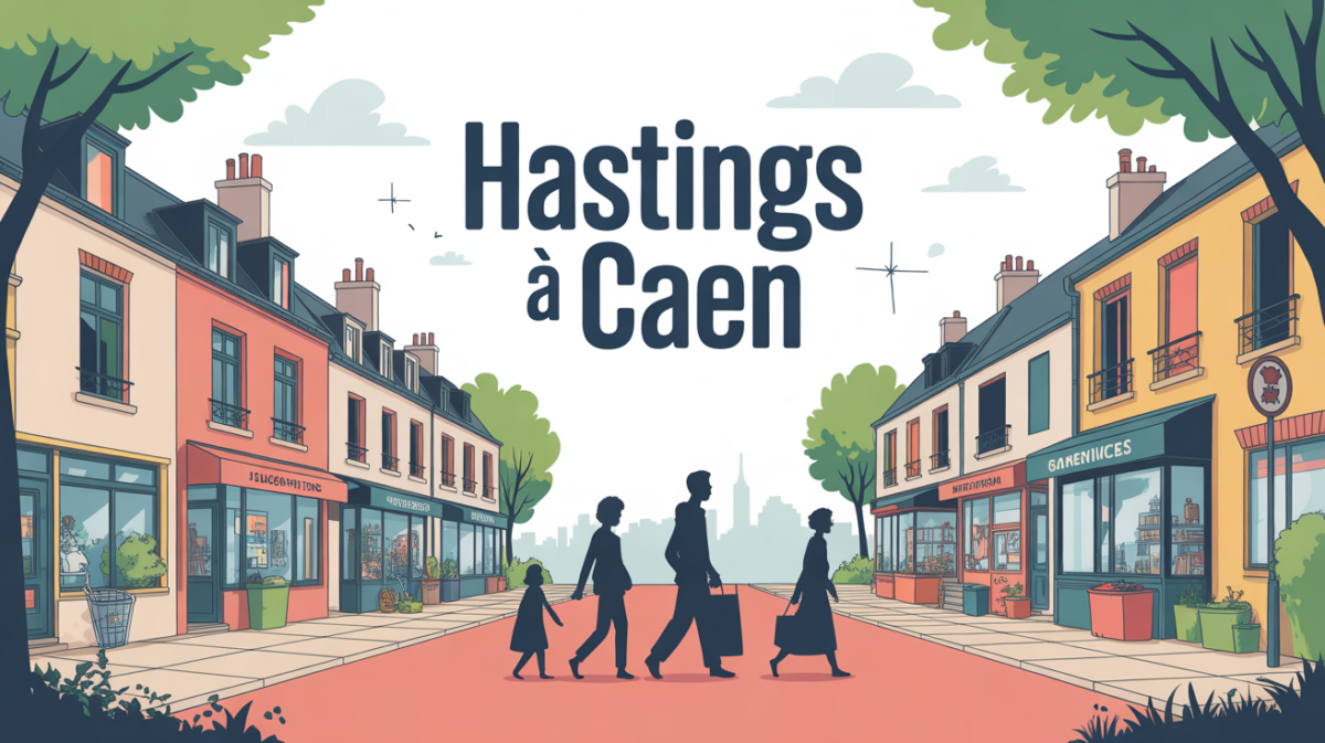 Quartier Hastings à Caen vue animée familles commerces transports
