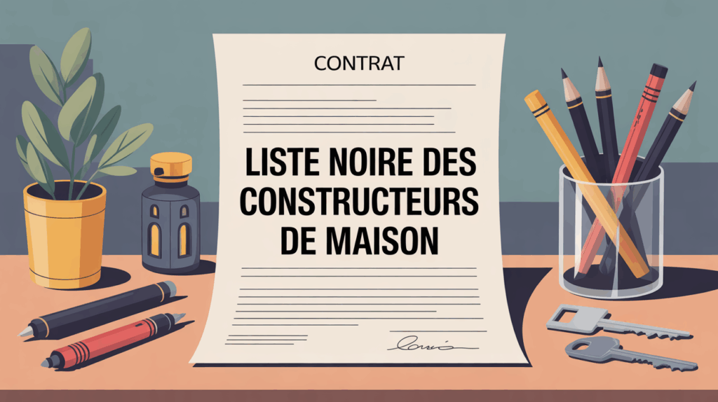 illustration liste noire des constructeurs de maison avec contrat et clés
