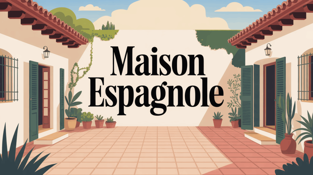 Maison espagnole stylisée murs blancs tuiles rouges patio végétal