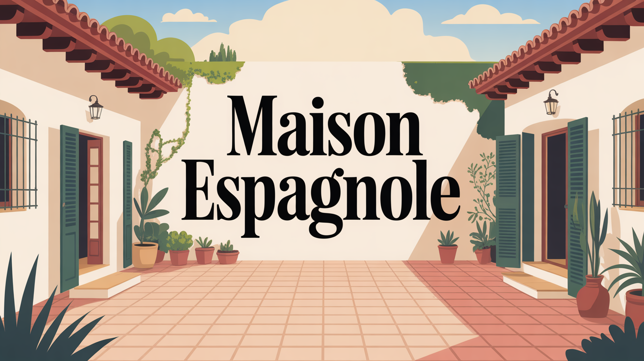 Maison espagnole stylisée murs blancs tuiles rouges patio végétal