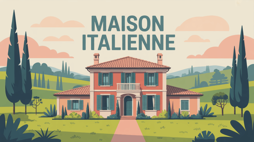 Illustration maison italienne toits tuiles jardins