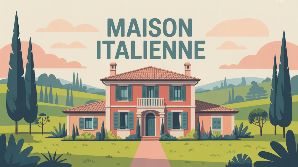 Illustration maison italienne toits tuiles jardins