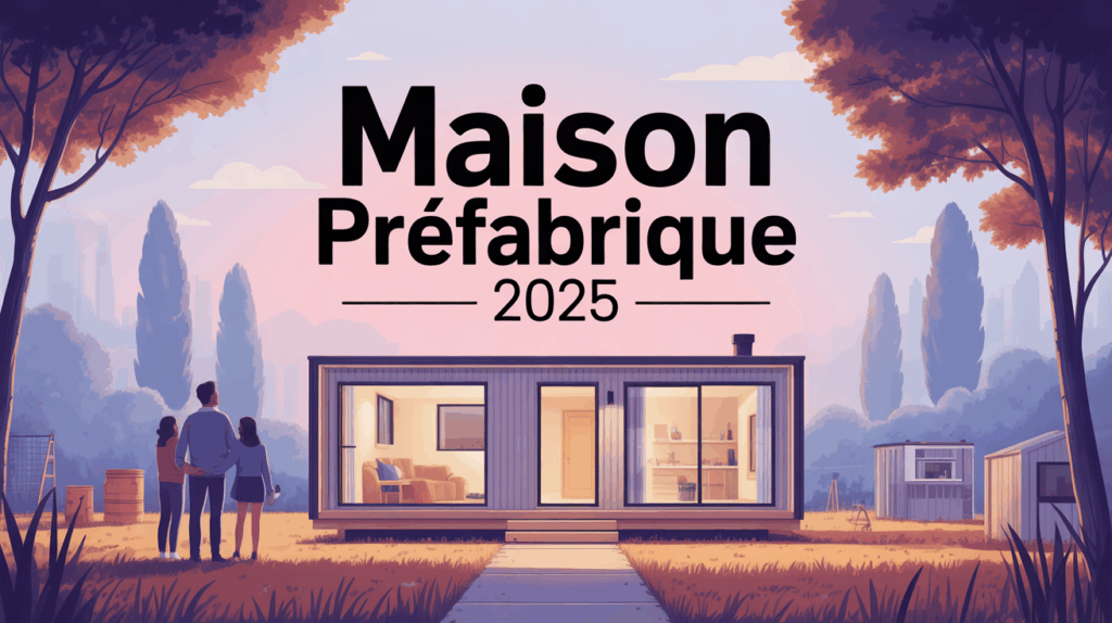 Vue maison préfabriquée moderne 2025 sur pelouse, famille