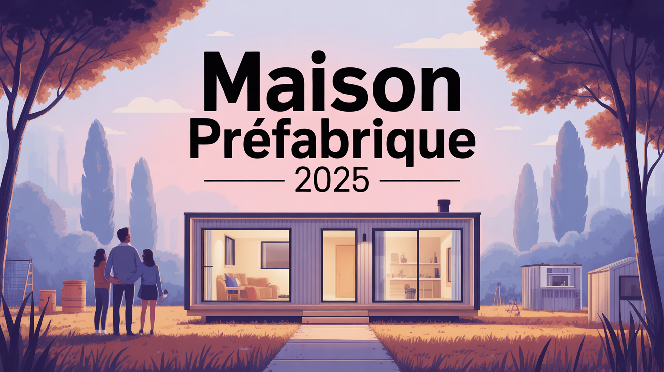 Vue maison préfabriquée moderne 2025 sur pelouse, famille