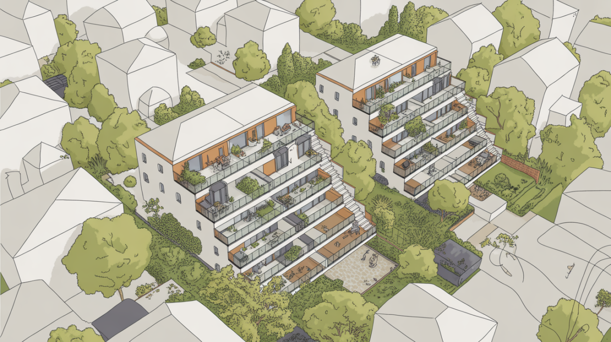 Vue aérienne d'un quartier avec terrasses à vue plongeante