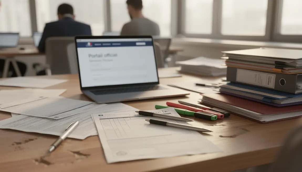 bureau declaration impot debutant avec ordinateur et documents