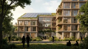 immeuble neuf moderne avec panneaux solaires et espaces verts urbain