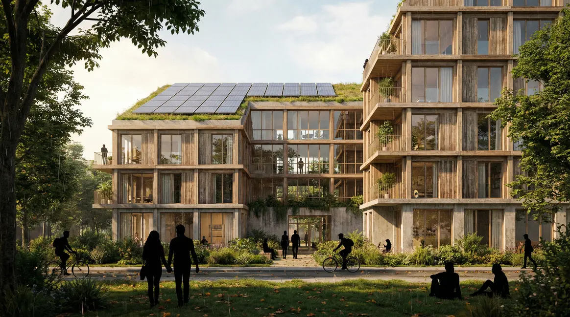 immeuble neuf moderne avec panneaux solaires et espaces verts urbain
