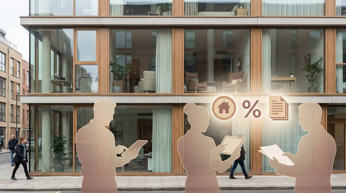 Immeuble moderne avec investisseurs et icônes loyer, impôts et TVA