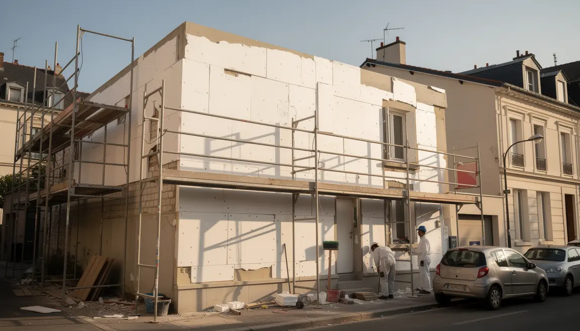 pose panneaux polystyrène sur façade maison en rénovation