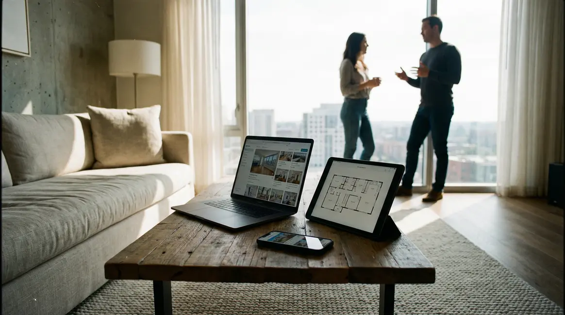 Salon moderne avec supports digitaux pour annonces immobilières location appartement
