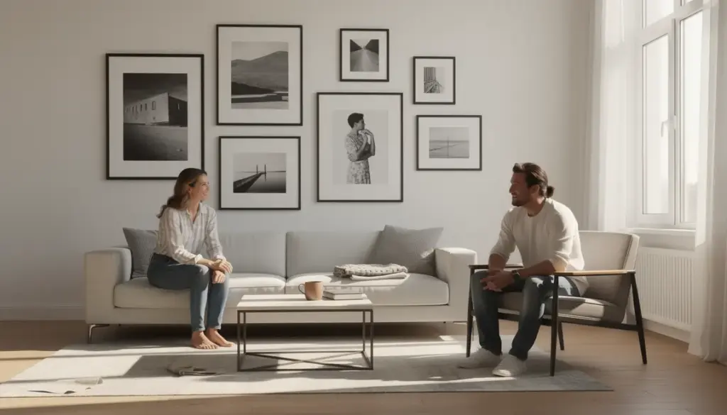 vue salon tableau noir et blanc harmonie