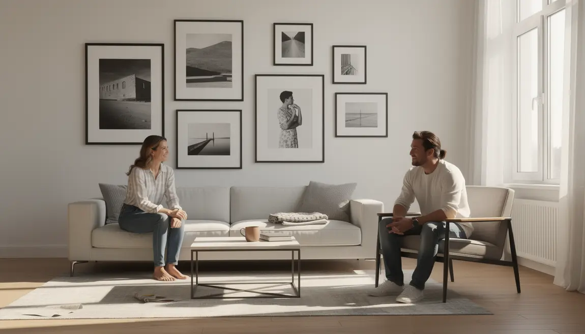 vue salon tableau noir et blanc harmonie