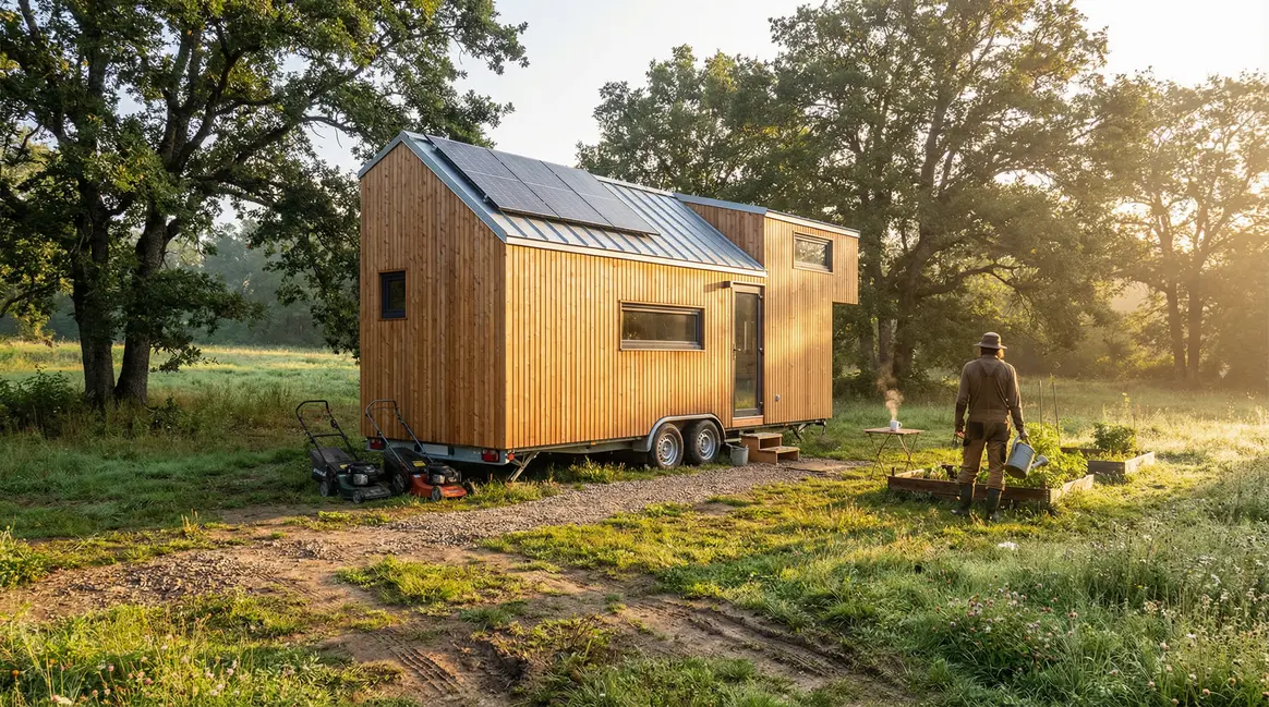 Tiny house bois roues installée terrain verdoyant panneaux solaires arbres chemin
