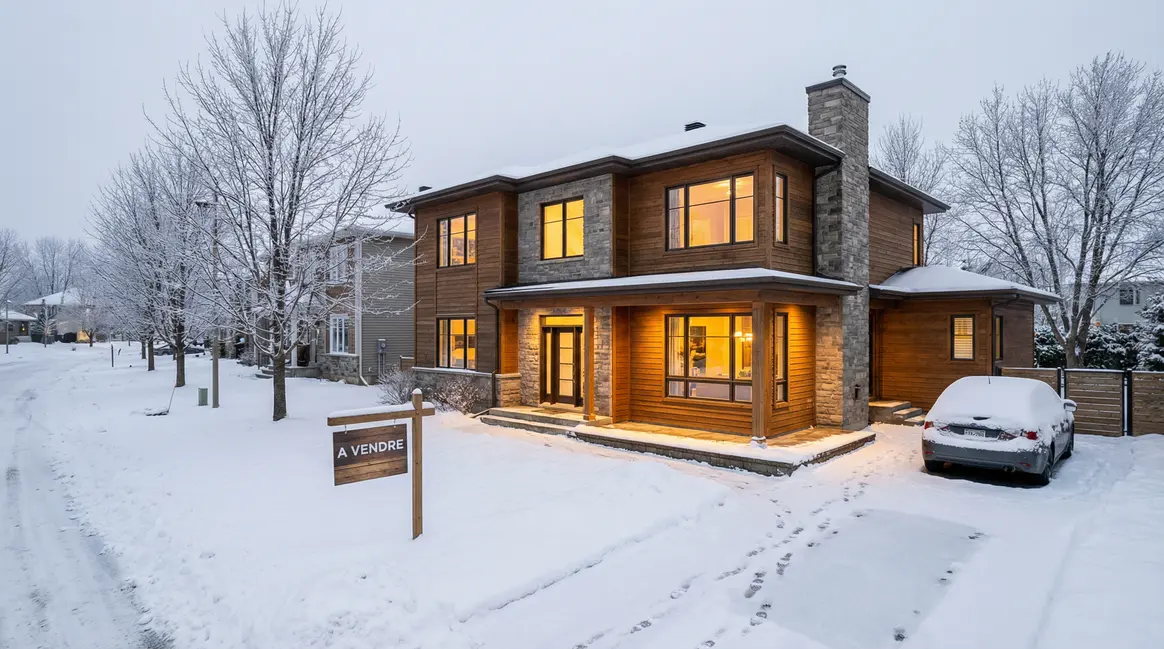 Maison en vente en hiver lumière chaude