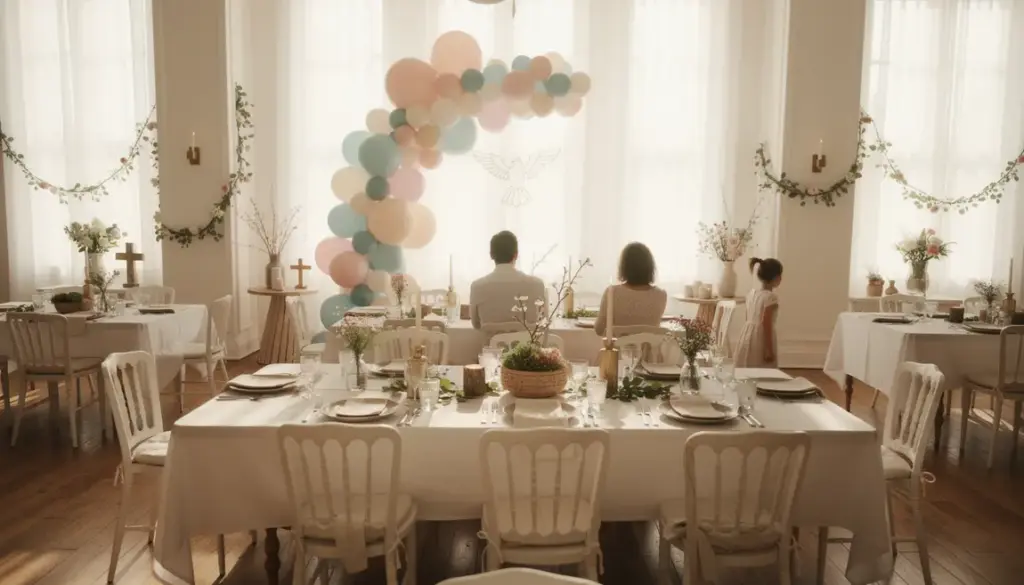 Salle decoration bapteme elegante arche ballons guirlande florale symbole chretien