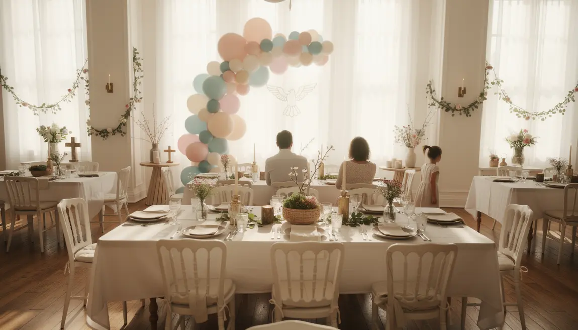 Salle decoration bapteme elegante arche ballons guirlande florale symbole chretien