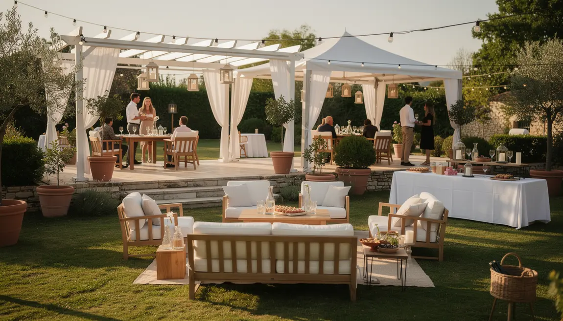 Decoration vin d'honneur exterieur guirlandes lumineuses jardin buffet tonnelle plante