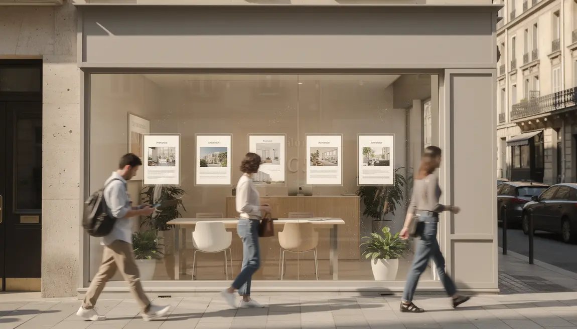 Façade agence immobilière moderne centre-ville, annonces en vitrine