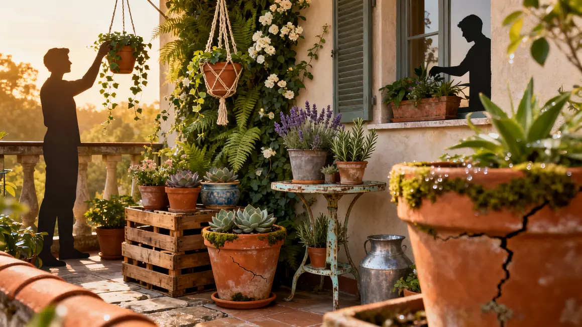 Terrasse colorée pots plantes mur végétal