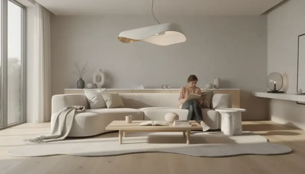 Vue salon moderne 2026 avec bois clair beton cire marbre
