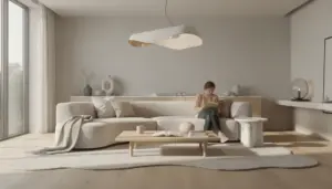 Vue salon moderne 2026 avec bois clair beton cire marbre