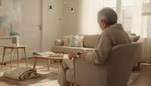 personne âgée intérieur lumineux avec bracelet alerte téléassistance