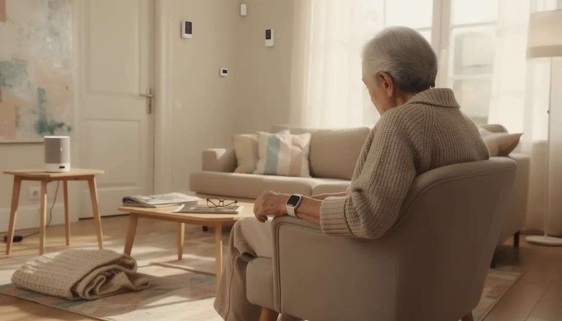 personne âgée intérieur lumineux avec bracelet alerte téléassistance
