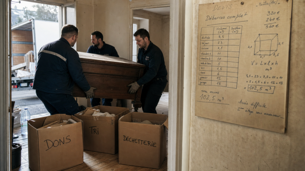 debarras maison : équipe et tri, tarifs 45 €/m³ ou gratuit