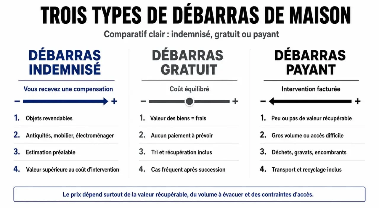 Infographie comparative des solutions de débarras maison : indemnisé, gratuit ou payant