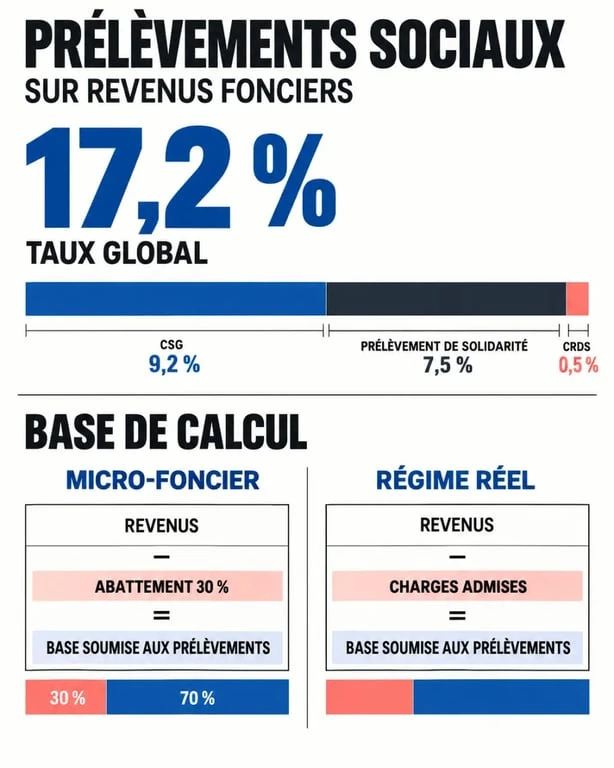 Infographie sur les prélèvements sociaux sur revenu foncier, le taux de 17,2 % et les régimes micro-foncier et réel