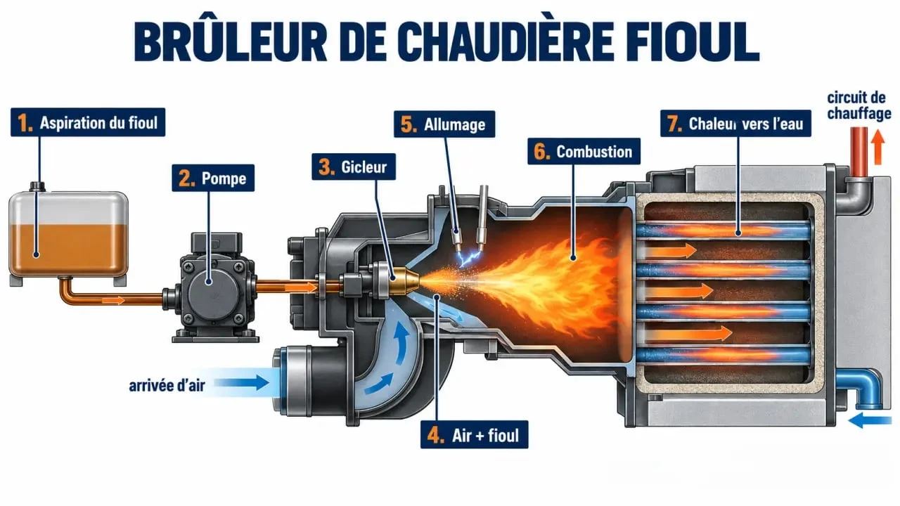 Schéma du fonctionnement et de la durée de vie d’un brûleur de chaudière fioul